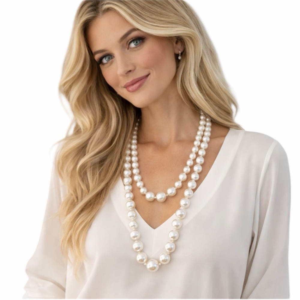 Long Faux Pearl Necklace 44” Graduated Beaded Strand White Classic Bridal